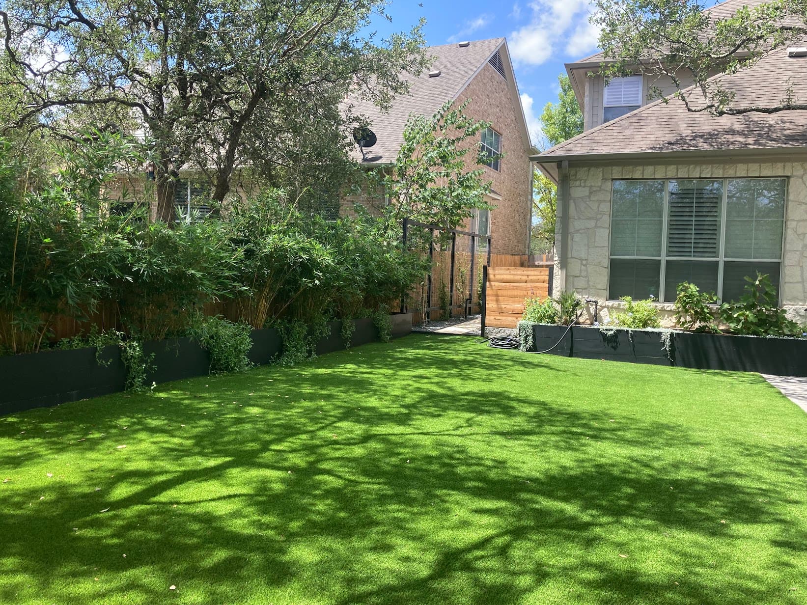 Landscape design with artificial turf, native plantings, and stone pathway, low-maintenance Austin yard