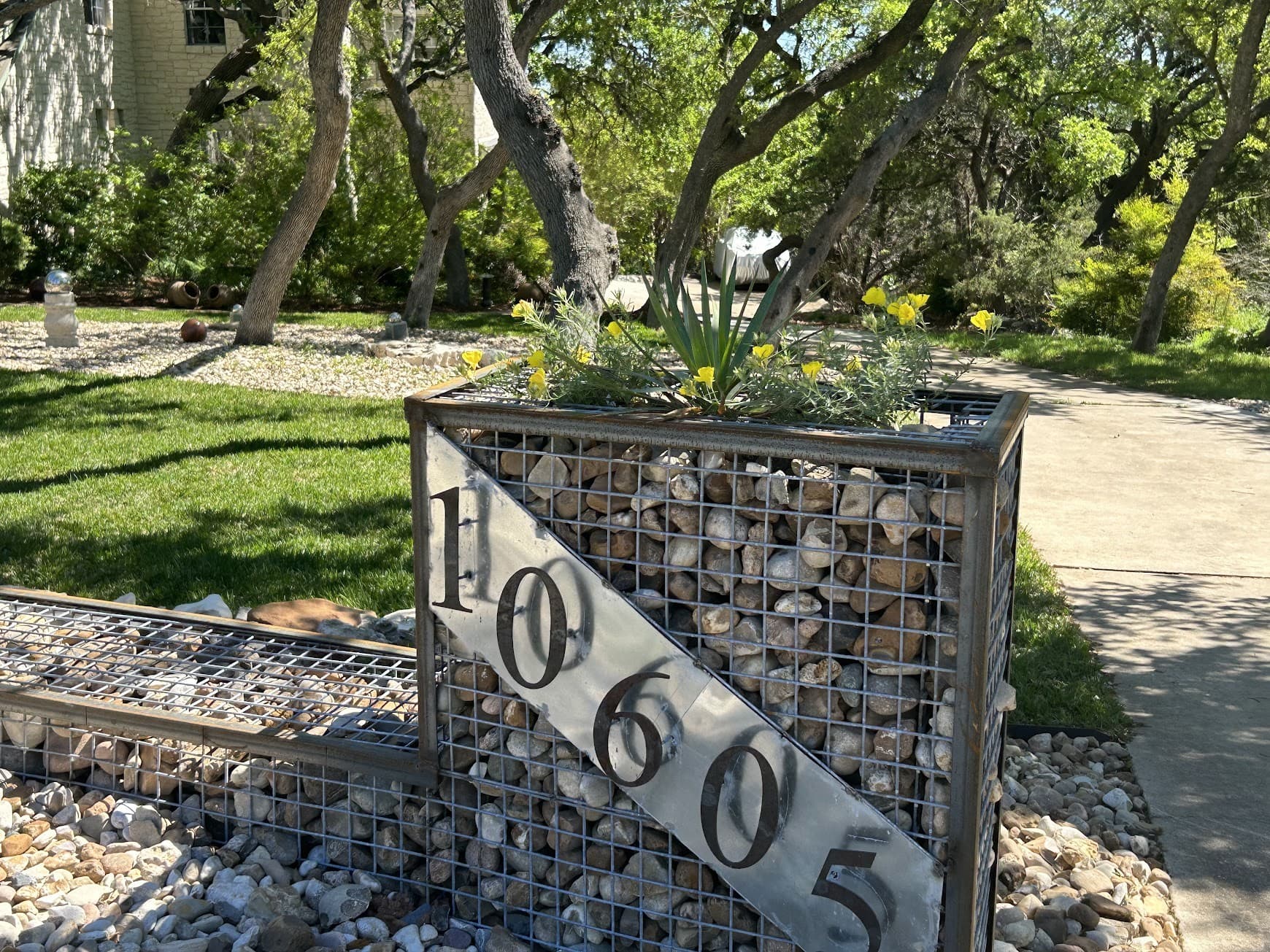 Gabion planter box with steel frame and stone fill, durable, low-maintenance raised garden bed